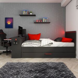 Toscohome Chambre à coucher avec lit simple escamotable et bureau intégré, couleur anthracite et rouge réversible