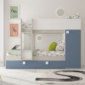 Toscohome Lit superposé pour deux enfants avec lit gigogne et armoire couleur blanc usé et bleu clair