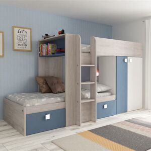 Toscohome Lit superposé pour deux enfants avec tiroirs et armoire en blanc vintage et bleu clair