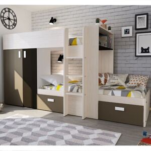 Toscohome Lit superposé Siesta pour deux enfants avec armoire et tiroirs couleur blanc vintage beige et marron
