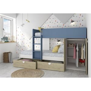 Toscohome Lit superposé Gilbo pour deux enfants avec armoire et tiroirs couleur chêne et bleu clair