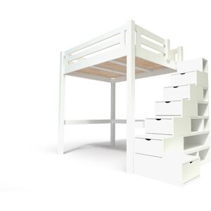 ABC MEUBLES Lit Mezzanine adulte bois + escalier cube hauteur réglable Alpage - 120x200 - Blanc - 120x200 - Blanc