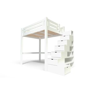 ABC MEUBLES Lit Mezzanine adulte bois + escalier cube hauteur réglable Alpage - 160x200 - Blanc
