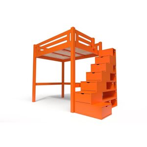 ABC MEUBLES Lit Mezzanine adulte bois + escalier cube hauteur réglable Alpage - 160x200 - Orange - 160x200 - Orange - Publicité