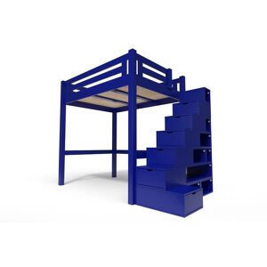 ABC MEUBLES Lit Mezzanine adulte bois + escalier cube hauteur réglable Alpage - 160x200 - Bleu foncé - 160x200 - Bleu foncé - Publicité