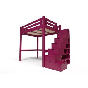 ABC MEUBLES Lit Mezzanine adulte bois + escalier cube hauteur réglable Alpage - 140x200 - Prune - 140x200 - Prune