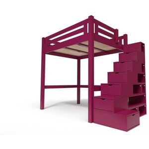 ABC MEUBLES Lit Mezzanine adulte bois + escalier cube hauteur réglable Alpage - 140x200 - Prune