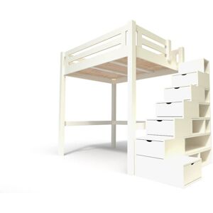 ABC MEUBLES Lit Mezzanine adulte bois + escalier cube hauteur réglable Alpage - 160x200 - Ivoire