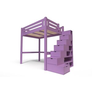 ABC MEUBLES Lit Mezzanine adulte bois + escalier cube hauteur réglable Alpage - 140x200 - Lilas