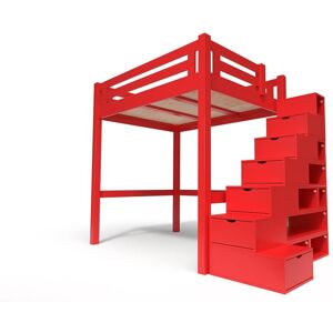 ABC MEUBLES Lit Mezzanine adulte bois + escalier cube hauteur réglable Alpage - 140x200 - Rouge - 140x200 - Rouge