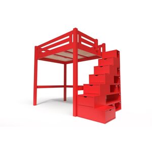 ABC MEUBLES Lit Mezzanine adulte bois + escalier cube hauteur réglable Alpage - 160x200 - Rouge