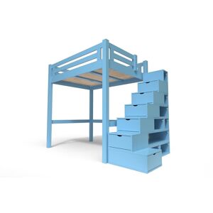 ABC MEUBLES Lit Mezzanine adulte bois + escalier cube hauteur réglable Alpage - 140x200 - Bleu Pastel