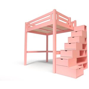 ABC MEUBLES Lit Mezzanine adulte bois + escalier cube hauteur réglable Alpage - 160x200 - Rose Pastel - 160x200 - Rose Pastel