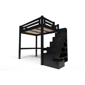 ABC MEUBLES Lit Mezzanine adulte bois + escalier cube hauteur réglable Alpage - 160x200 - Noir - 160x200 - Noir