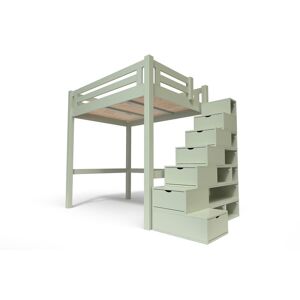 ABC MEUBLES Lit Mezzanine adulte bois + escalier cube hauteur réglable Alpage - 160x200 - Moka