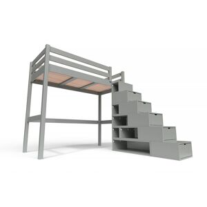 ABC MEUBLES Lit Mezzanine bois avec escalier cube Sylvia - 90x200 - Gris - 90x200 - Gris