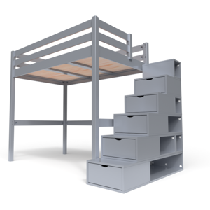 ABC MEUBLES Lit Mezzanine bois avec escalier cube Sylvia - 120x200 - Gris Aluminium