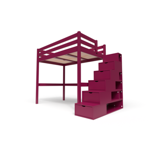 ABC MEUBLES Lit Mezzanine bois avec escalier cube Sylvia - 120x200 - Prune - 120x200 - Prune - Publicité