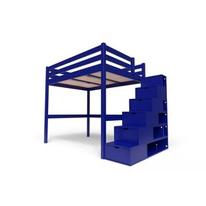 ABC MEUBLES Lit Mezzanine bois avec escalier cube Sylvia - 140x200 - Bleu foncé - 140x200 - Bleu foncé