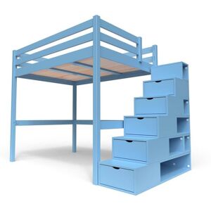 ABC MEUBLES Lit Mezzanine bois avec escalier cube Sylvia - 140x200 - Bleu Pastel - 140x200 - Bleu Pastel - Publicité