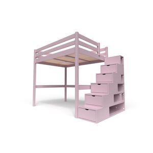 ABC MEUBLES Lit Mezzanine bois avec escalier cube Sylvia - 140x200 - Violet Pastel - 140x200 - Violet Pastel