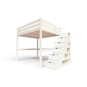 ABC MEUBLES Lit Mezzanine bois avec escalier cube Sylvia - 160x200 - Ivoire