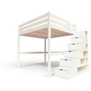 ABC MEUBLES Lit Mezzanine bois avec escalier cube Sylvia 160x200 Ivoire