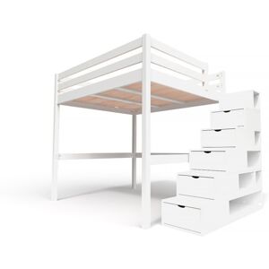 ABC MEUBLES Lit Mezzanine bois avec escalier cube Sylvia - 160x200 - Blanc - 160x200 - Blanc