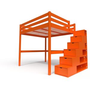 ABC MEUBLES Lit Mezzanine bois avec escalier cube Sylvia 160x200 Orange