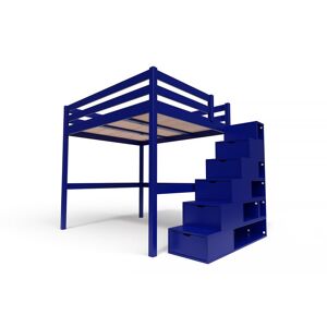 ABC MEUBLES Lit Mezzanine bois avec escalier cube Sylvia - 160x200 - Bleu foncé - 160x200 - Bleu foncé - Publicité