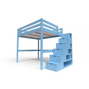 ABC MEUBLES Lit Mezzanine bois avec escalier cube Sylvia - 160x200 - Bleu Pastel - 160x200 - Bleu Pastel