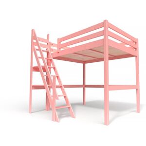 ABC MEUBLES Lit Mezzanine bois avec escalier de meunier Sylvia - 140x200 - Rose Pastel - 140x200 - Rose Pastel