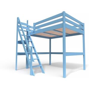 ABC MEUBLES Lit Mezzanine bois avec escalier de meunier Sylvia - 140x200 - Bleu Pastel