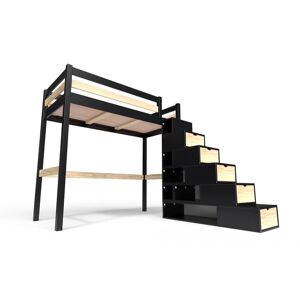 ABC MEUBLES Lit Mezzanine bois avec escalier cube Sylvia - 90x200 - Noir/Vernis naturel
