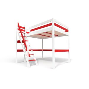 ABC MEUBLES Lit Mezzanine bois avec escalier de meunier Sylvia - 120x200 - Blanc/Rouge - 120x200 - Blanc/Rouge