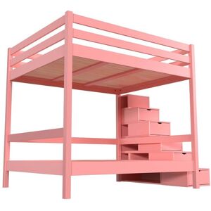 ABC MEUBLES Lit superposé 4 personnes adultes bois escalier cube Sylvia - 160x200 - Rose Pastel