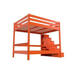 ABC MEUBLES Lit superposé 4 personnes adultes bois escalier cube Sylvia - 160x200 - Orange - 160x200 - Orange