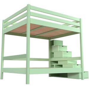 ABC MEUBLES Lit superposé 4 personnes adultes bois escalier cube Sylvia - 160x200 - Vert Pastel - 160x200 - Vert Pastel