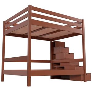 ABC MEUBLES Lit superposé 4 personnes adultes bois escalier cube Sylvia - 160x200 - Chocolat - 160x200 - Chocolat