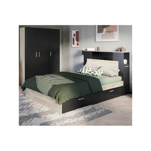 TMM Cadre + tête de lit avec rangements 140x190/200 Noir/Chêne clair - zily - l 145 x l 230 x h 112.5 cm - Publicité