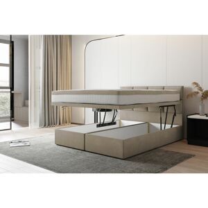 TRADA Lit adulte 140x200 cm TROPEA - avec rangement et matelas ressorts ensachés - tissu velours - beige - Publicité