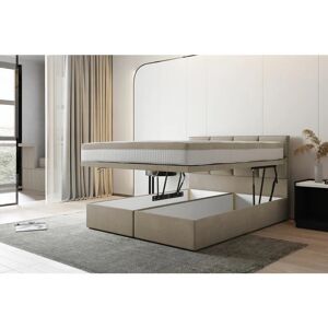 TRADA Lit adulte 200x200 cm tropea - avec rangement et matelas ressorts ensachés - tissu velours - beige - Publicité