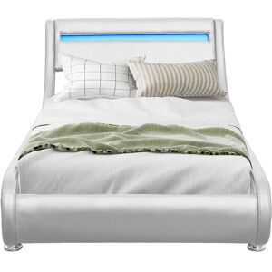 Provence Literie - Lit ava pour matelas 120x190 - Sommier + Tête de Lit eclairage led Incurve Couleur blanc + Pieds en 5 cm pour matelas - 13 Lattes - Publicité