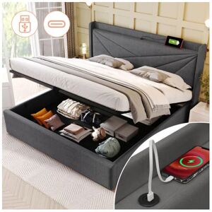 Hengmei - Lit Avec Tiroirs 160x200 cm, Lit Boxspring avec rangement latéral & tête de lit, éclairage led, & prise usb, cadre de lit avec sommier à lattes Tiroir de lit, Gris sans matelas - Publicité