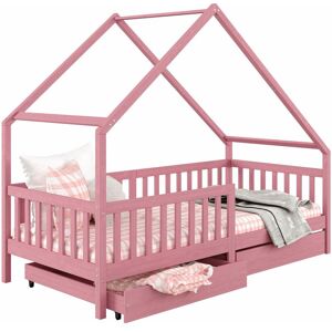 Lit cabane alva lit enfant simple asymétrique en bois 90 x 200 cm montessori, avec rangement 2 tiroirs, en pin massif lasuré rose - Rose