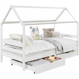 Lit cabane CLIA lit simple pour enfant montessori 90 x 190 cm avec rangement 2 tiroirs et barrières de protection, en massif blanc - Blanc