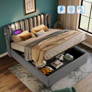 AAFGVC Lit capitonné lit double liseuse avec fonction de chargement tête de lit espace de rangement cadre de lit lit d'adolescent en velours 160x200 avec sommier à lattes, gris (sans matelas) - Publicité