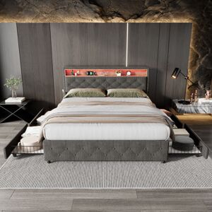 SUREH Cadre de lit tapissé avec 4 tiroirs et tête de lit, 160 x 200cm, lit plate-forme avec lumière led, support à lattes en bois, cadre de lit double en lin - gris - Publicité