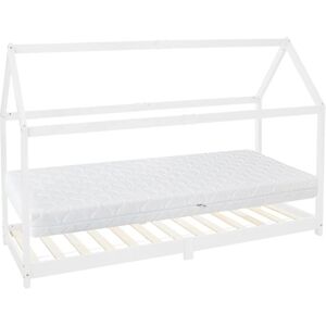 Lit d'Enfants 90x200 cm Blanc avec Matelas à Mousse Froide, H:16 cm, Housse Amovible, Sommier à Lattes, Style Maison avec Toit, Lit en Bois de Pin Massif pour Intérieur, pour Filles/Garçons - Ml-design - Publicité