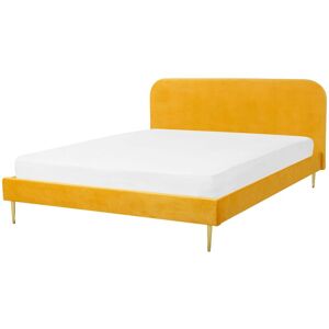 Lit Double 160 x 200 cm Tapissé en Velours Jaune avec Pieds Dorés et Sommier à Lattes Inclus Idéal pour Chambre au Design Glamour et Rétro Beliani - Publicité